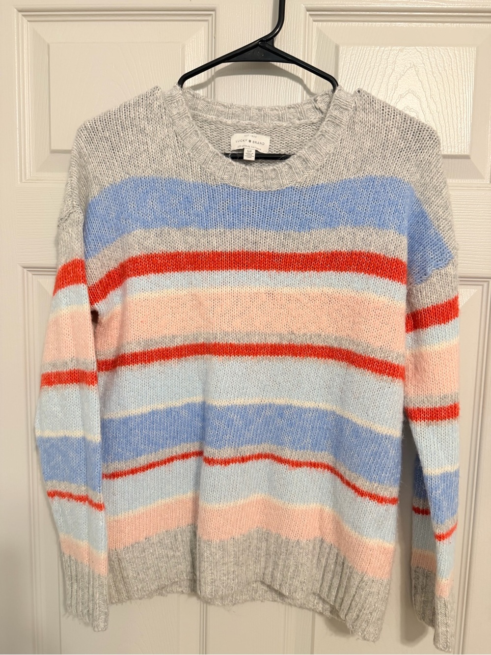 Lucky Brand Pastel Striped Crewneck Sweater - Gray, Blue, Pink & Red